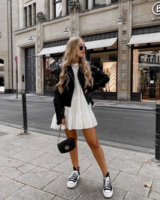 mini dress with leather jackets and sneakers for cute outfit ideas