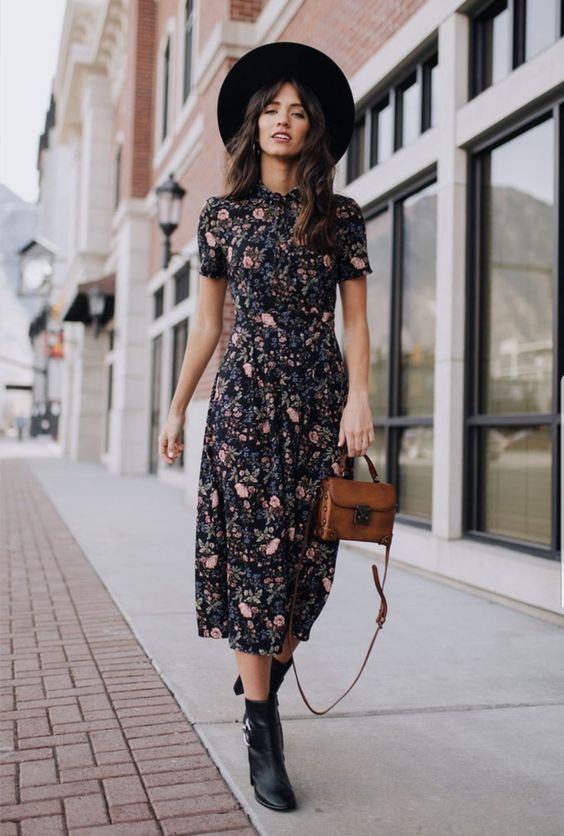 floral maxi dress, homburg hat, and ankle boots for vintage grunge style