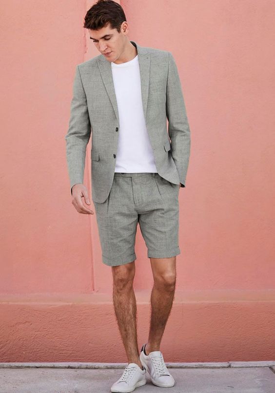 blazers, shorts, and sneakers for garden party outfit