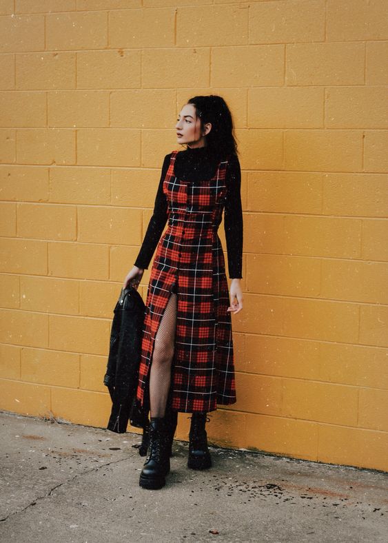 button-down plaid jumpsuit dress for 90's grunge style