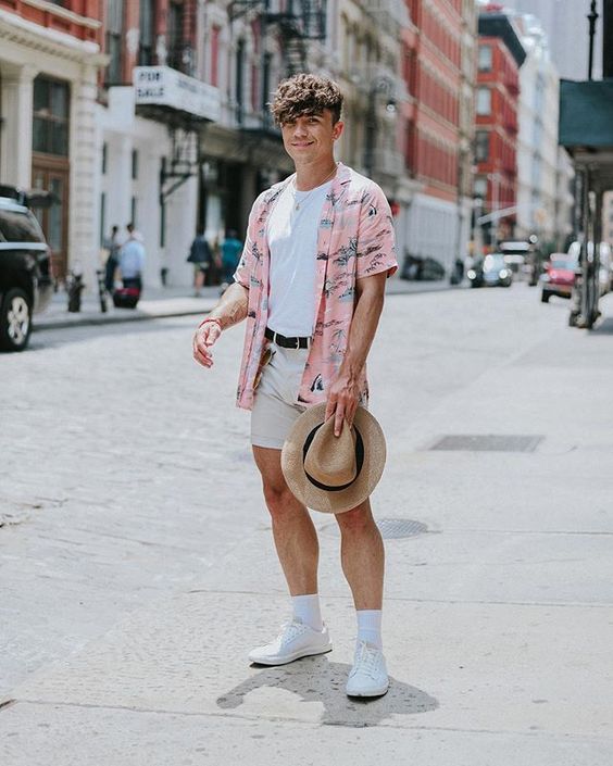 pink tropical shirts and Bermuda shorts