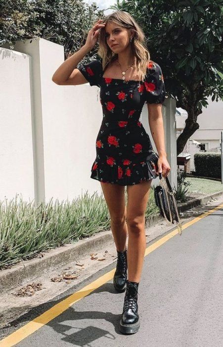 short sleeve black mini dress with a bit of floral pattern for summer style