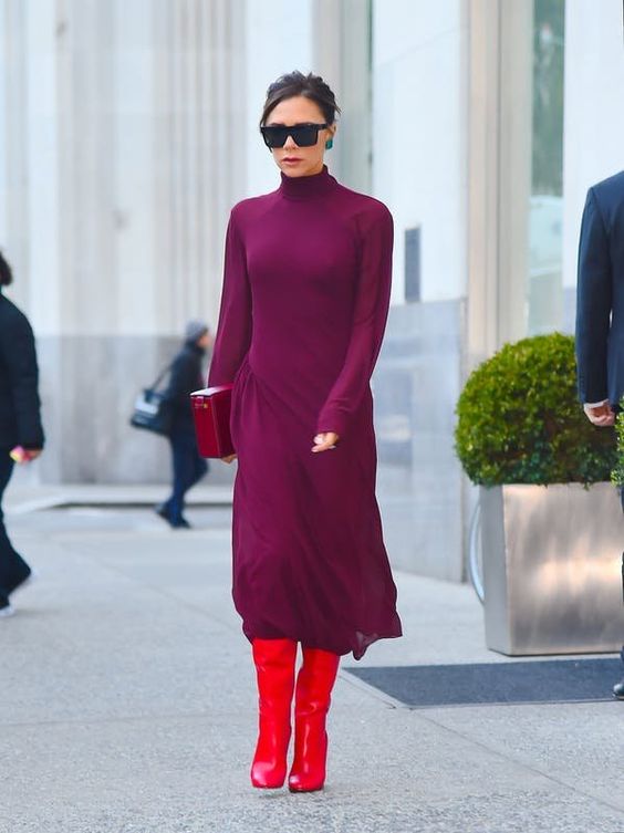 red boot and purple maxi dress to draw a color clashing combination