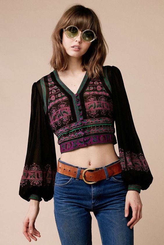 bohemian prints in long sleeve crop top