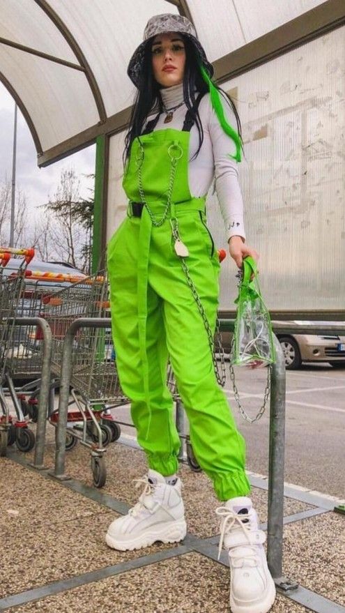 neon jumpsuit that's combined neutral outfits for grunge fashion style