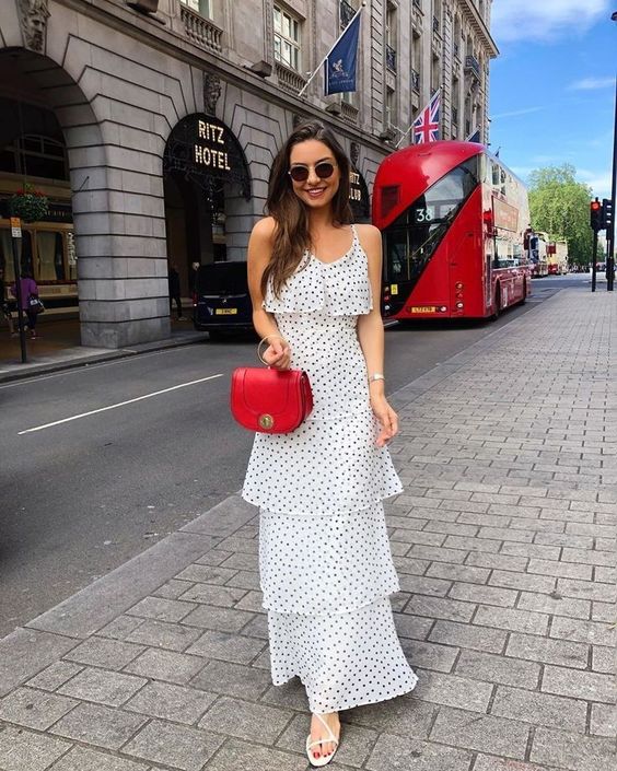 strappy white maxi dress with a black polka dot for summer outfit 