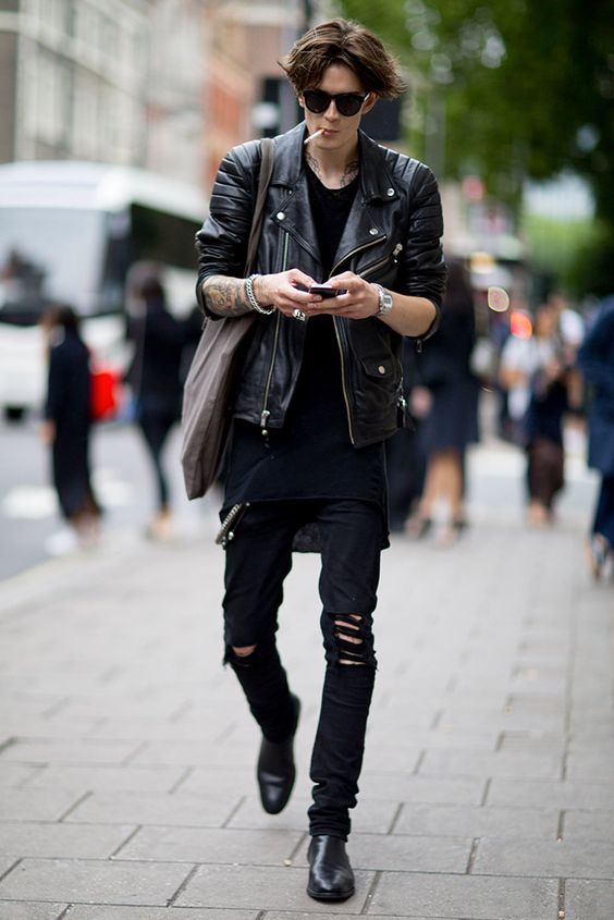 leather jackets and ripped jeans for men's spring outfit ideas