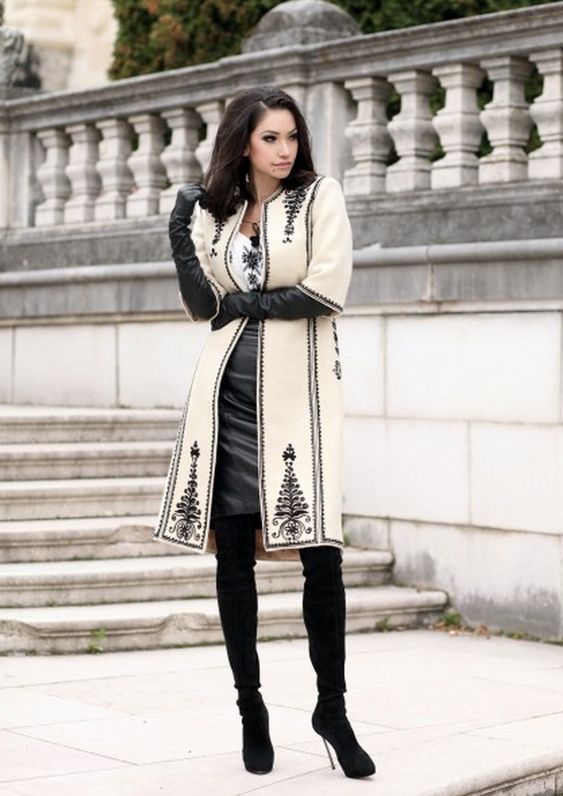 Romanian embroidery in modern winter outfit