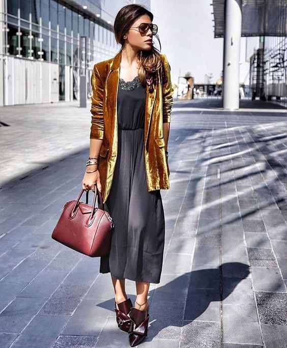 gold velvet blazer to layer black maxi dress for glamour details