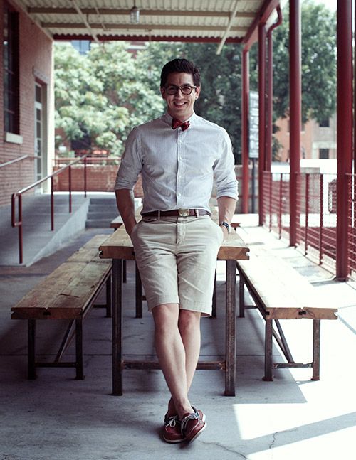 button-up shirts and bermuda shorts for nerdy guy style