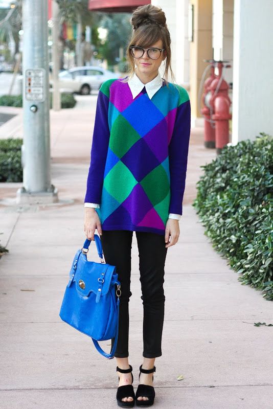 colorful sweater and collared shirts for geeky chic style