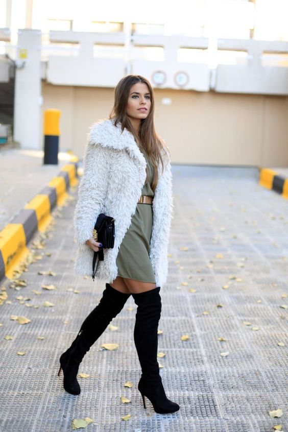 heeled loose suede knee boots in mini dress outfit ideas for winter