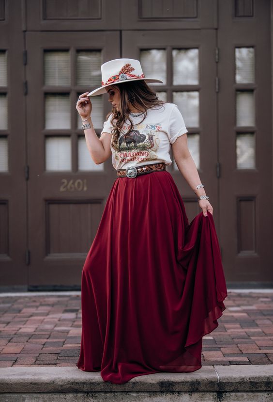 white printed t-shirt with a red a-line maxi skirt