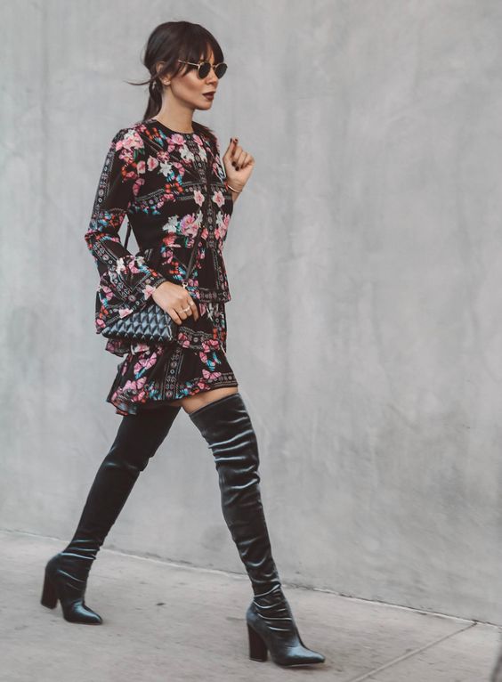 long sleeve floral printed mini dress with heeled suede over knee-high boots