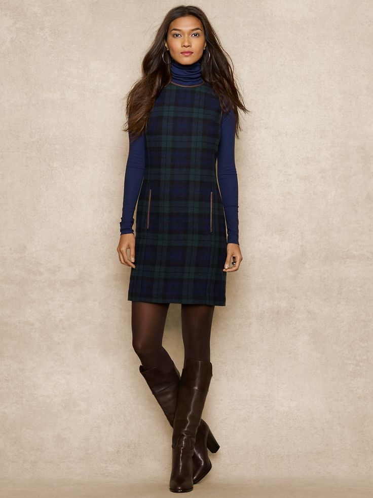 plaid green navy sleeveless dress in winter mini dress style