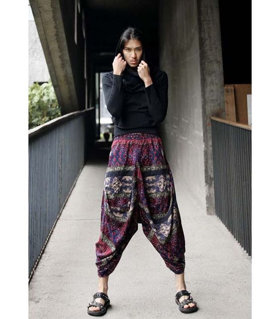 black long sleeve hooded tee with floral hareem pants
