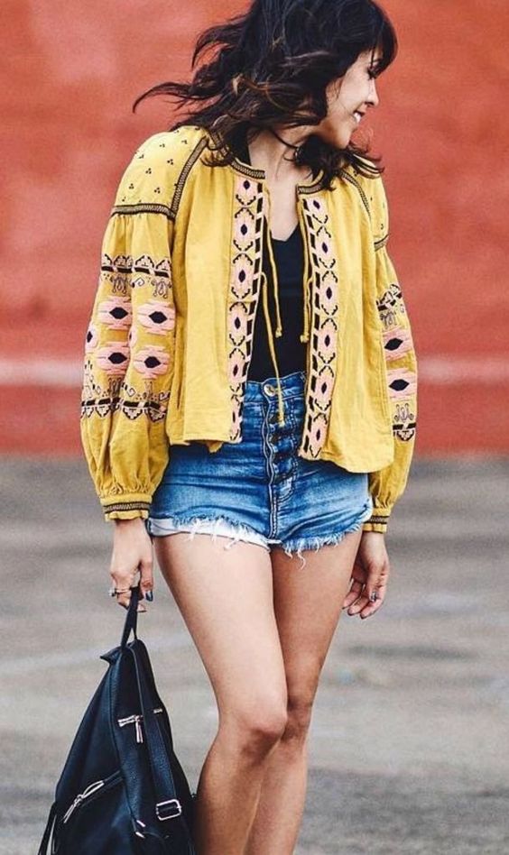 yellow bohemian top with denim shorts in women's clothing ideas