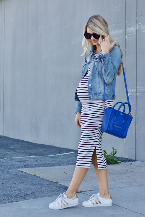 Striped Midi Dress and Denim Jacket for stylish maternity outfit ideas