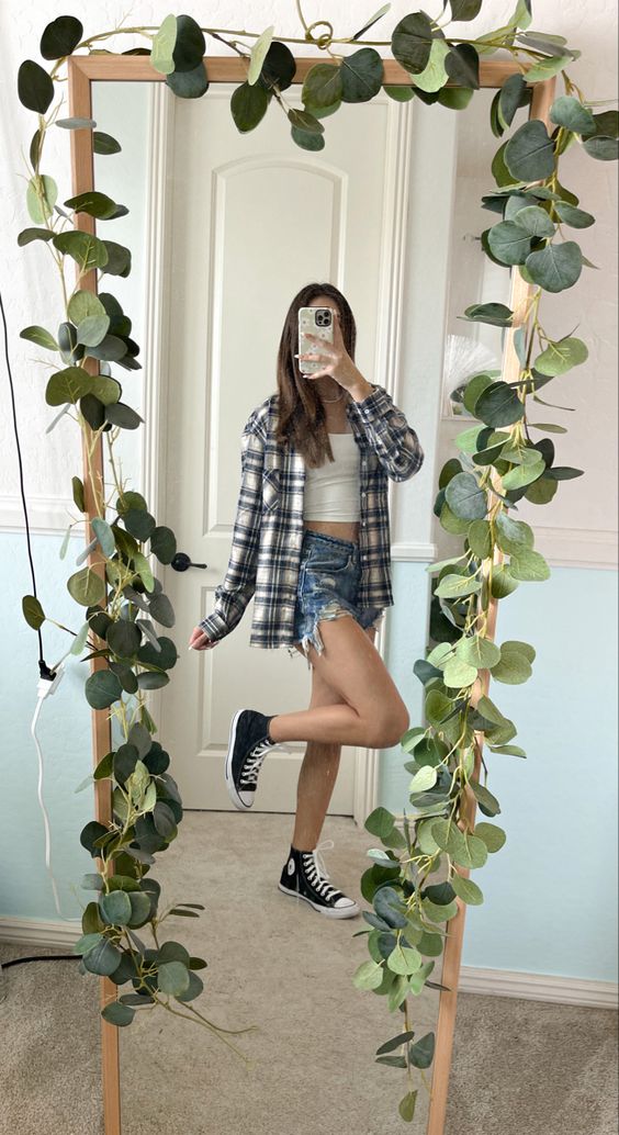 Flannel Statement and Denim Shorts for soft girl outfit style