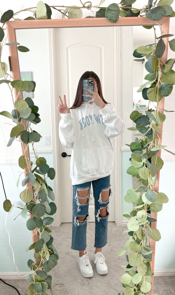 Boyish Hoodie and Ripped Jeans to create soft girl outfit ideas