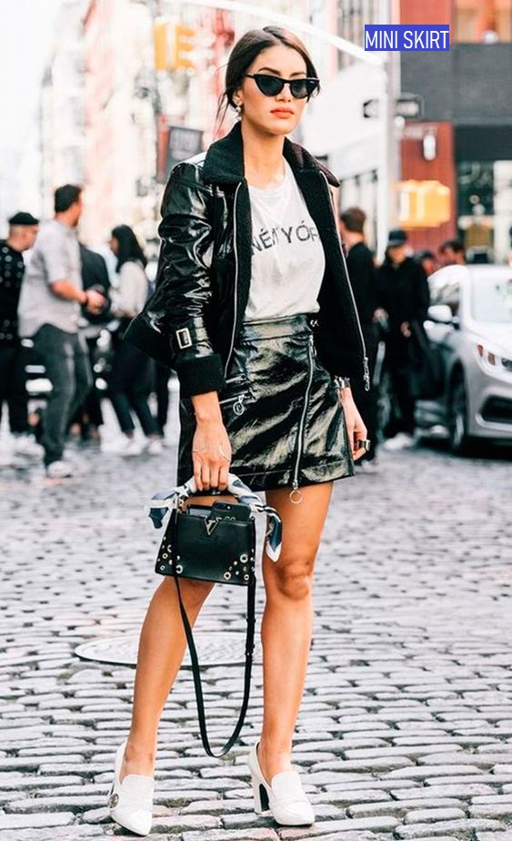 Rock on your basic t-shirt in Leather Mini Skirt Style