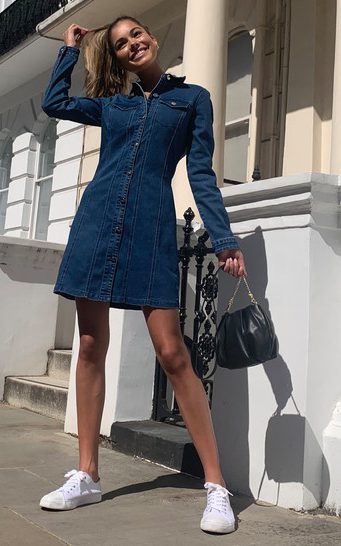 denim dress and white sneakers 