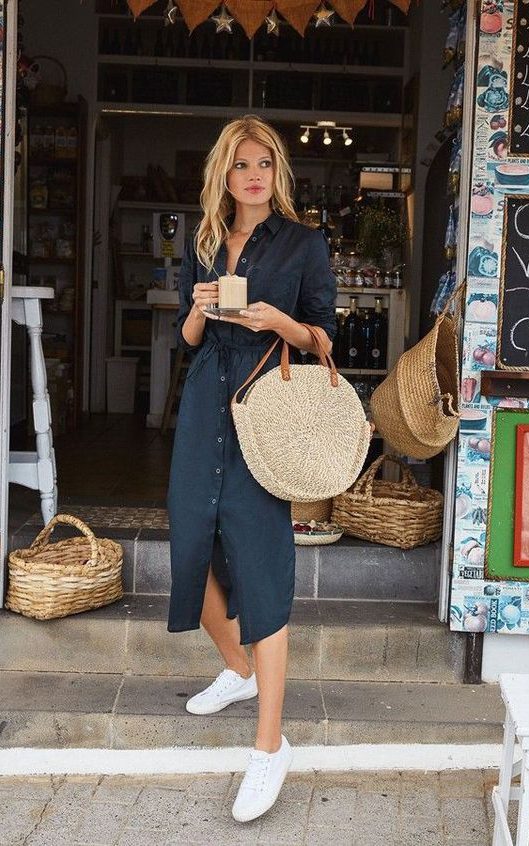 Simple and Easy Vacation outfits with dress and sneakers style