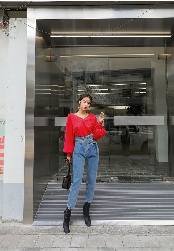 Red Tops with Waist Jeans