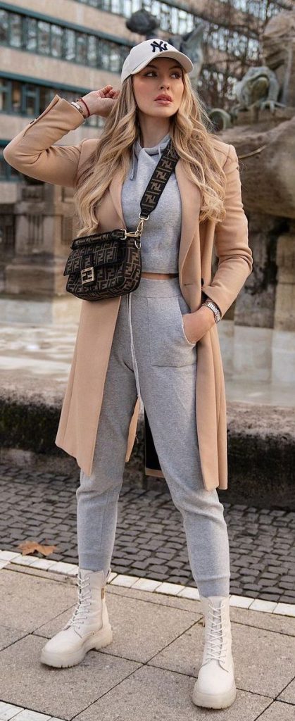 Match Sportswear with Long Camel Coats for sporty chic style during Winter